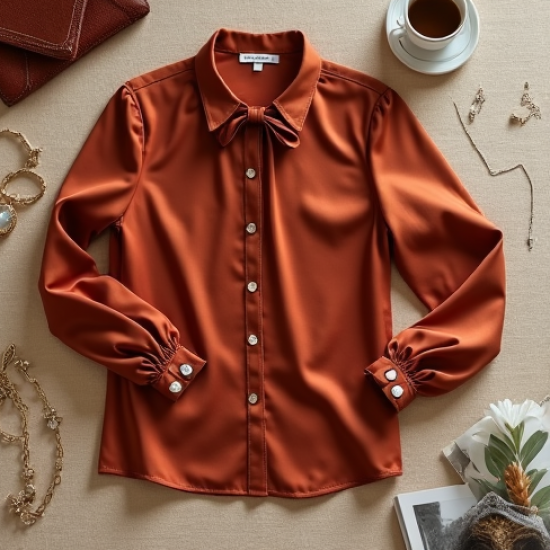 Women's Terracotta Tie-Neck Blouse