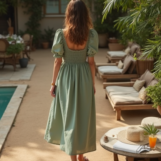 Women's Shirred Waist Midi Dress