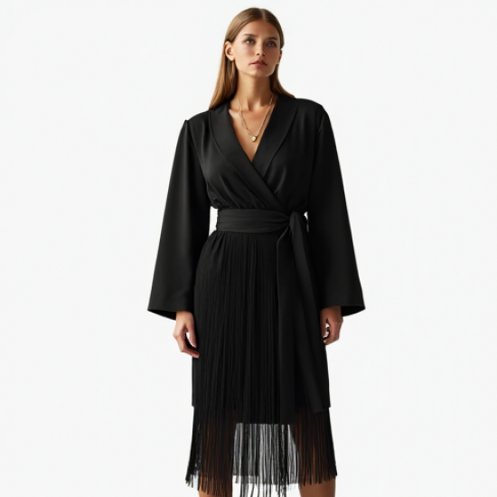 Women's Dramatic Fringe Wrap Dress