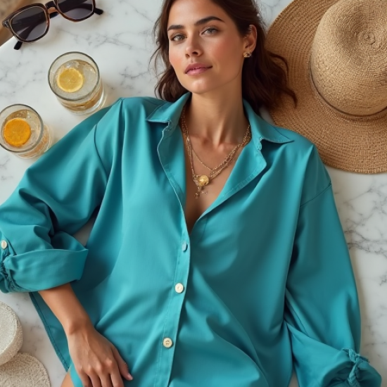 Women's Turquoise Oversized Button-Down