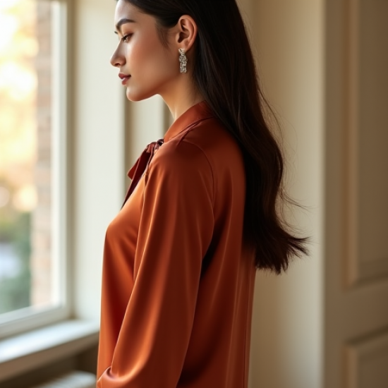 Women's Terracotta Tie-Neck Blouse