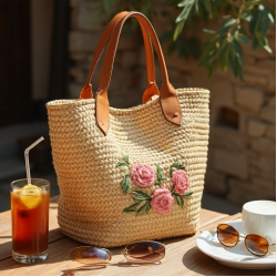 Women's Embroidered Raffia Bag