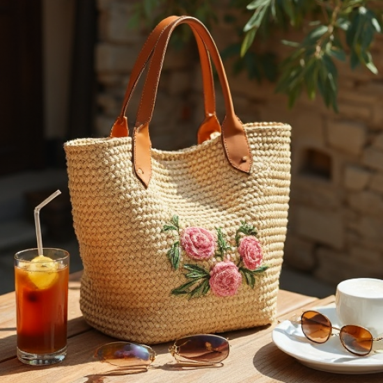 Women's Embroidered Raffia Bag