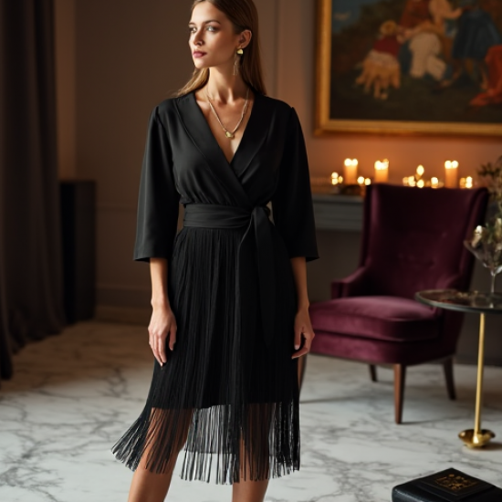 Women's Dramatic Fringe Wrap Dress