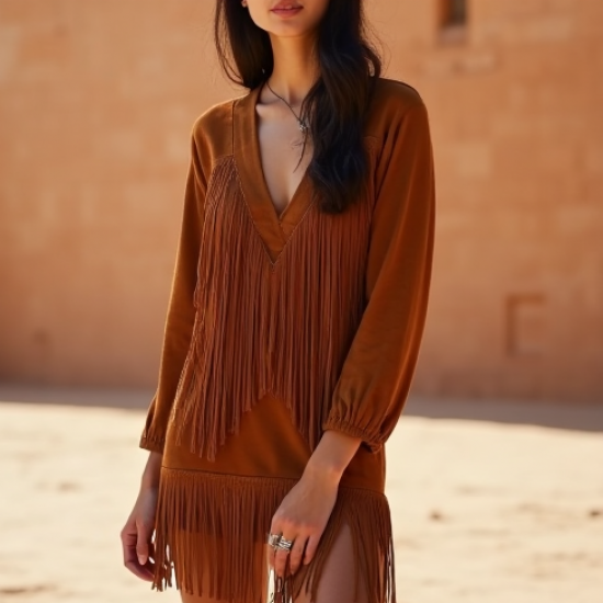 Women's Suede Fringe Shift Dress - Premium Edition