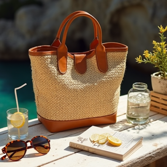 Women's Leather-Trim Raffia