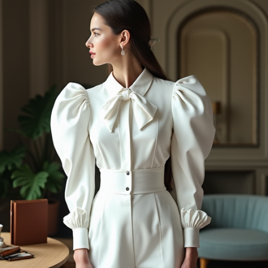 Women's Exaggerated Shoulder Tie Blouse