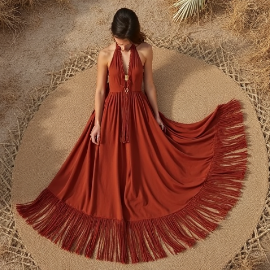 Women's Fringe Trim Halter Dress
