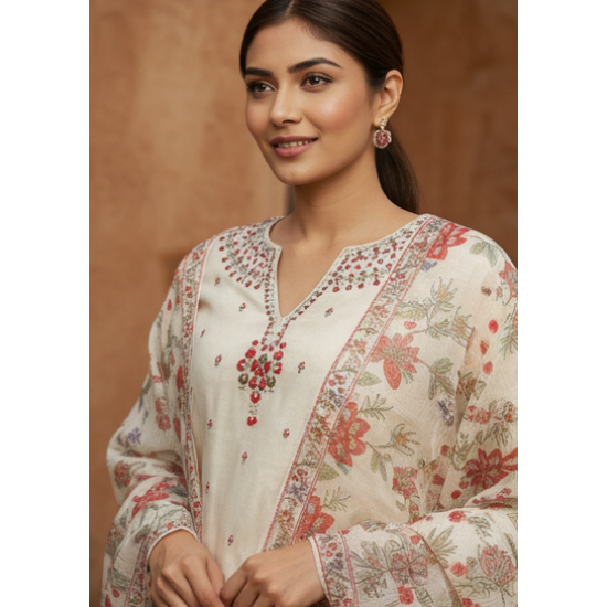 Ecru Chanderi Embroidered Kurta