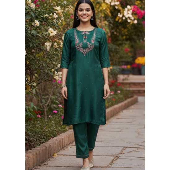 Green Thread Embroidered Straight Kurta