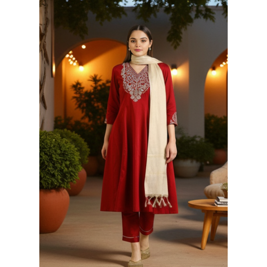 Red Metallic Embroidered Anarkali Kurta